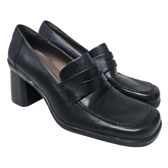 Vintage Y2K Nine West 9 Chunky Square Toe Loafer Whimsygoth Goth Black Leather - Picture 1 of 4
